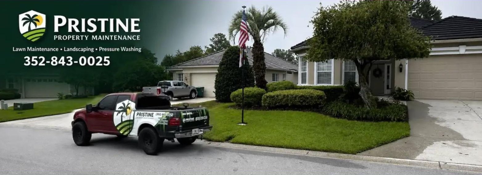 Pristine Property Maintenance truck at a freshly maintained Ocala and surrounding areas home